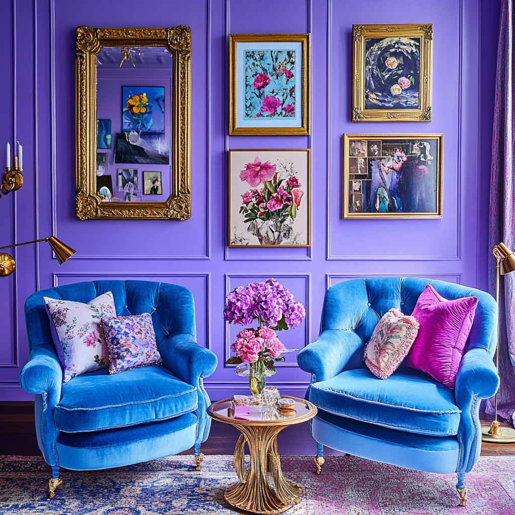 Chic sitting room with lavender walls, floral art, chairs.