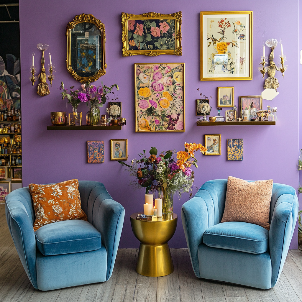 Chic sitting room with lavender walls and artwork.