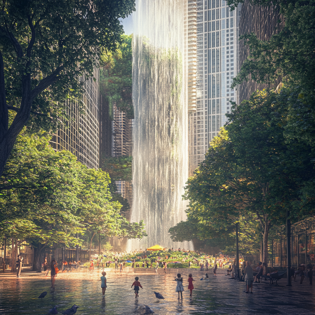 Chicago 2024: Realistic City View with 3D Waterfall