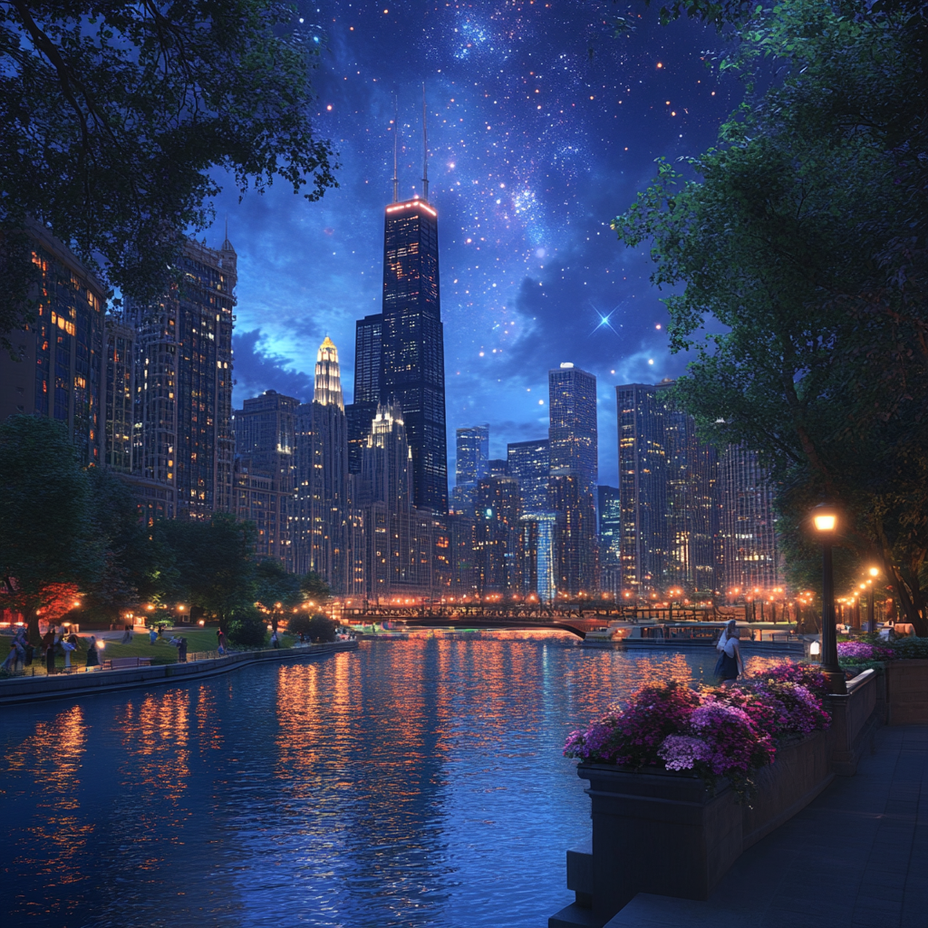 Chicago City View 2024: Realistic 3D Render with People and Stars