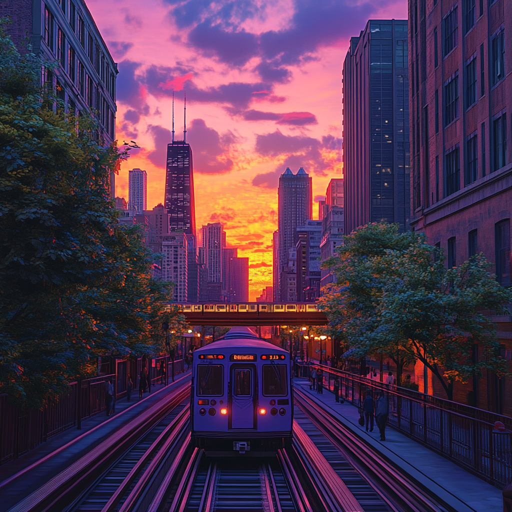 Chicago in 2024: Realistic City View with Sunset Train Station