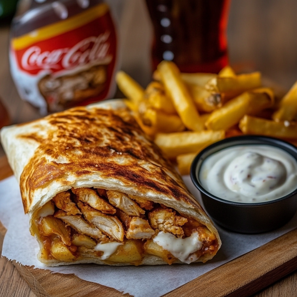 Chicken and potato galette sandwich cut in half, served with ketchup, mayonnaise, fries, and Coca-Cola.