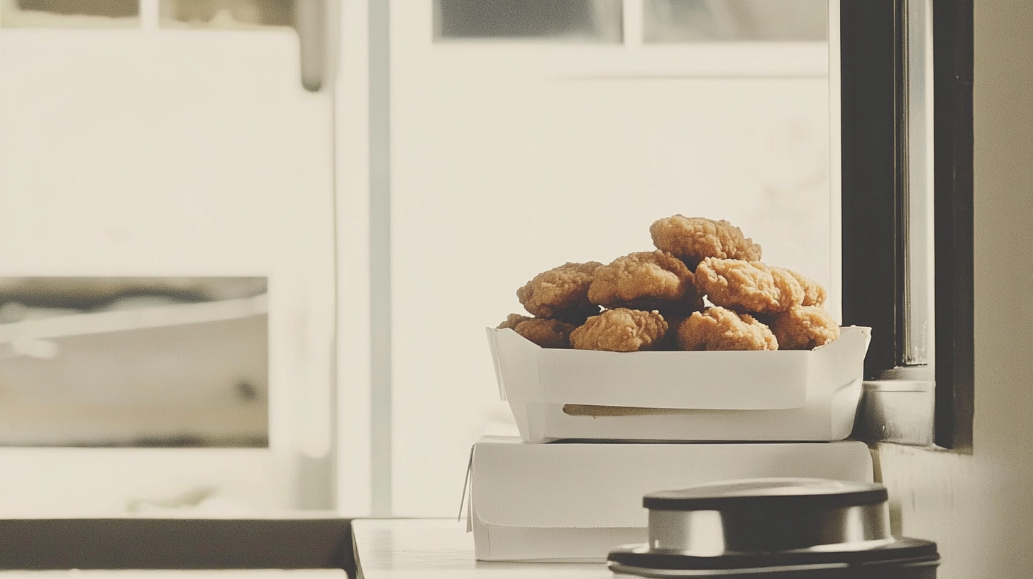 Chicken nuggets in Stanley Kubrick style photography.