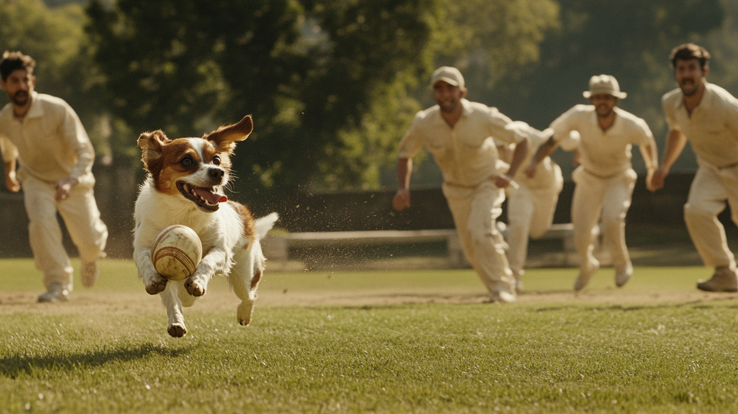 Chihuahua dog running across cricket field with ball, players chasing.