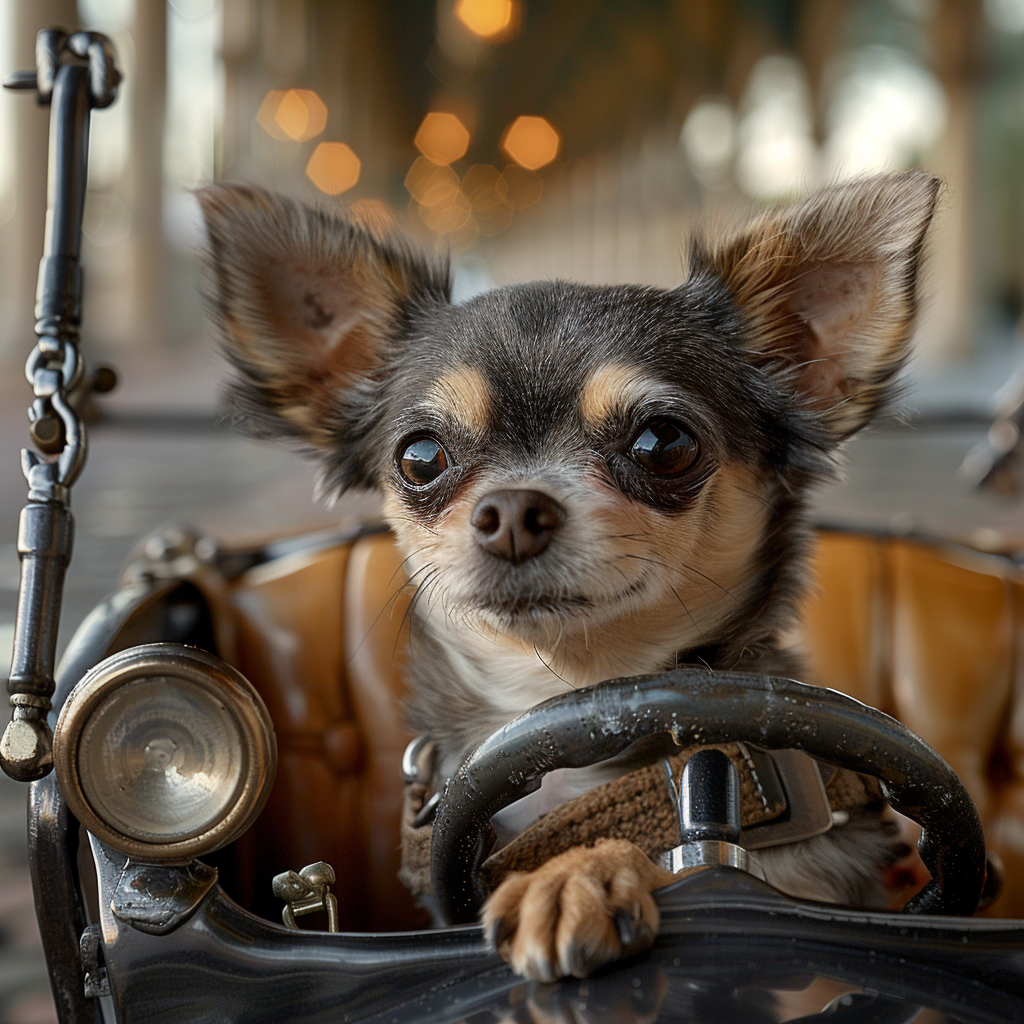 Chihuahua in vintage car with determined gaze.