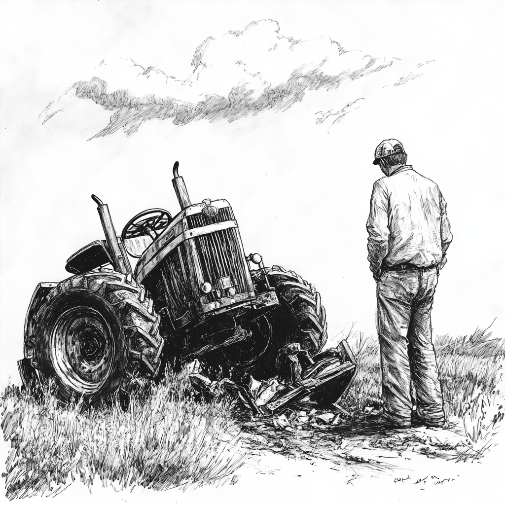 Child's black and white drawing: Old tractor overturned, wheel driving away, farmer and modern farmer.