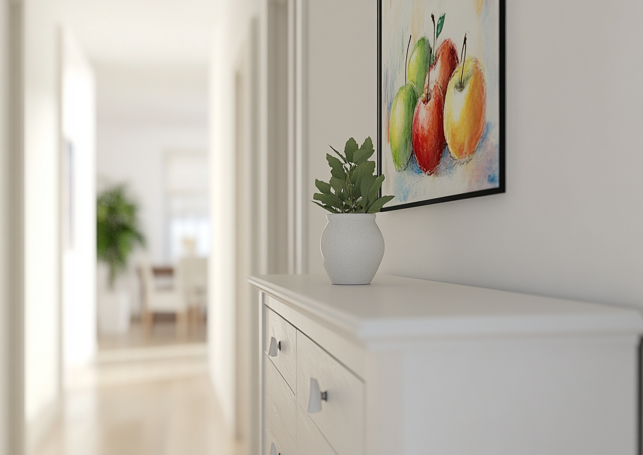 Child's drawing of apples and honey above white dresser.