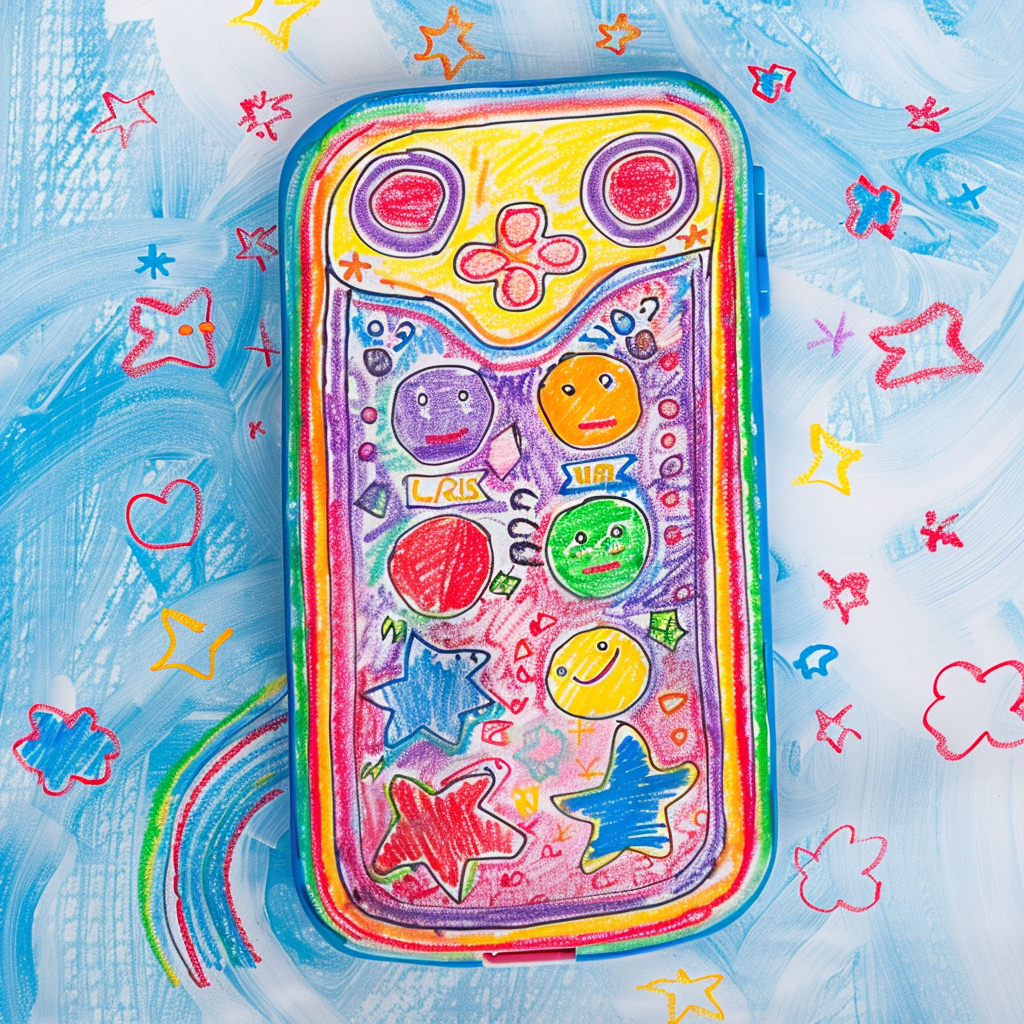 Child's drawing of smartphone with colorful buttons, Japanese pattern.