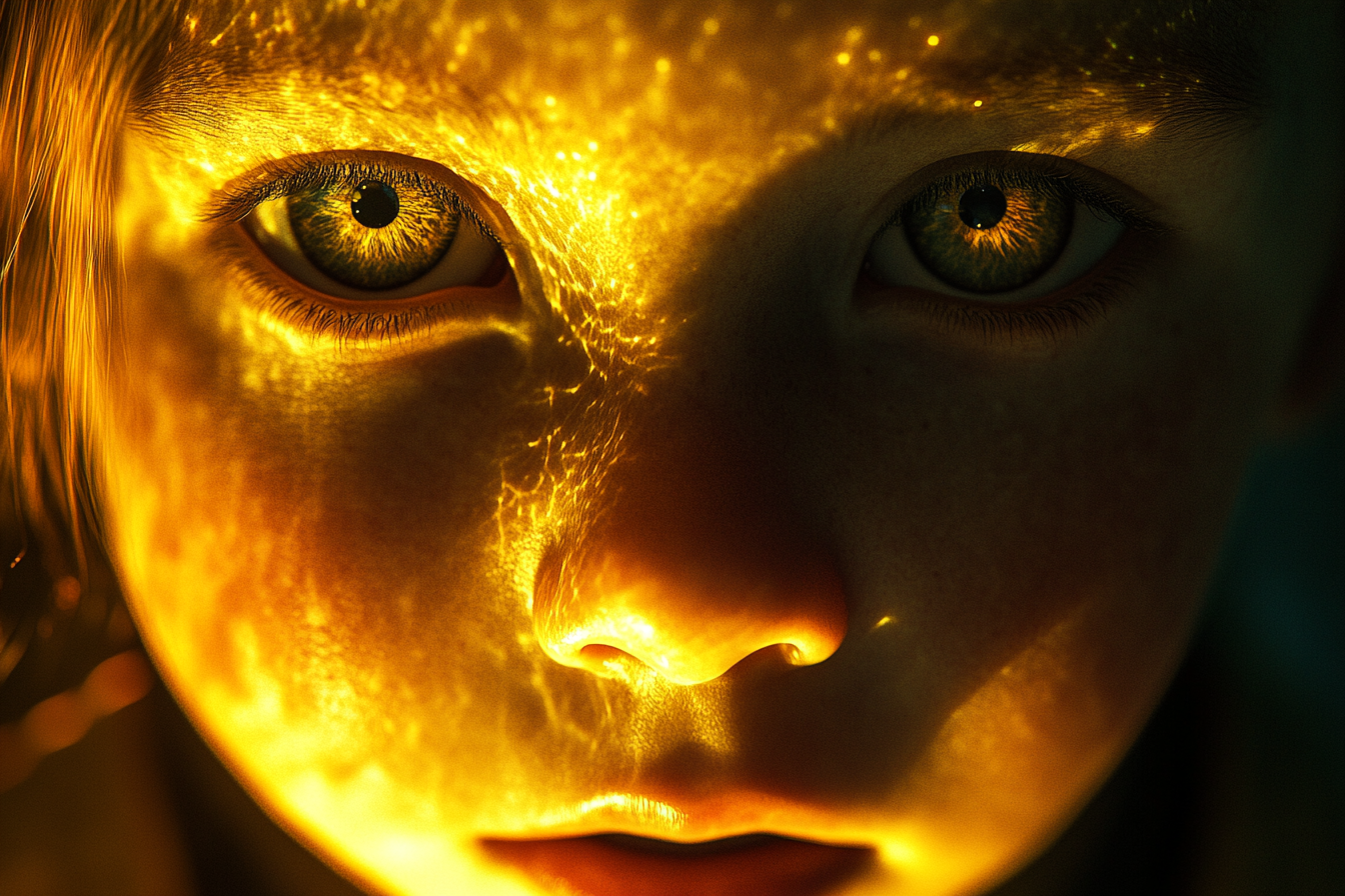 Child's face glowing with golden light, shadows retreat, cinematic lighting.