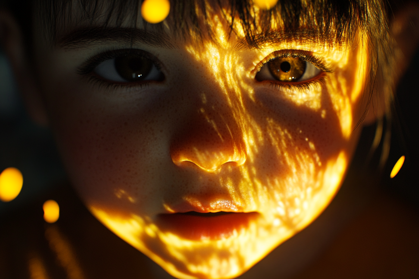 Child's face glowing with golden light, shadows retreat.