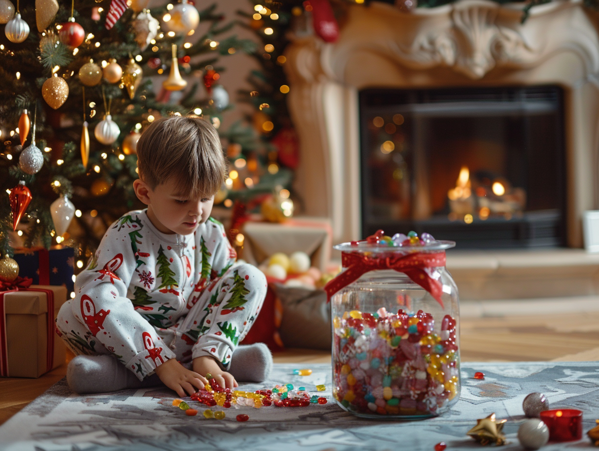 Child Opens Christmas Gift by Cozy Fireplace