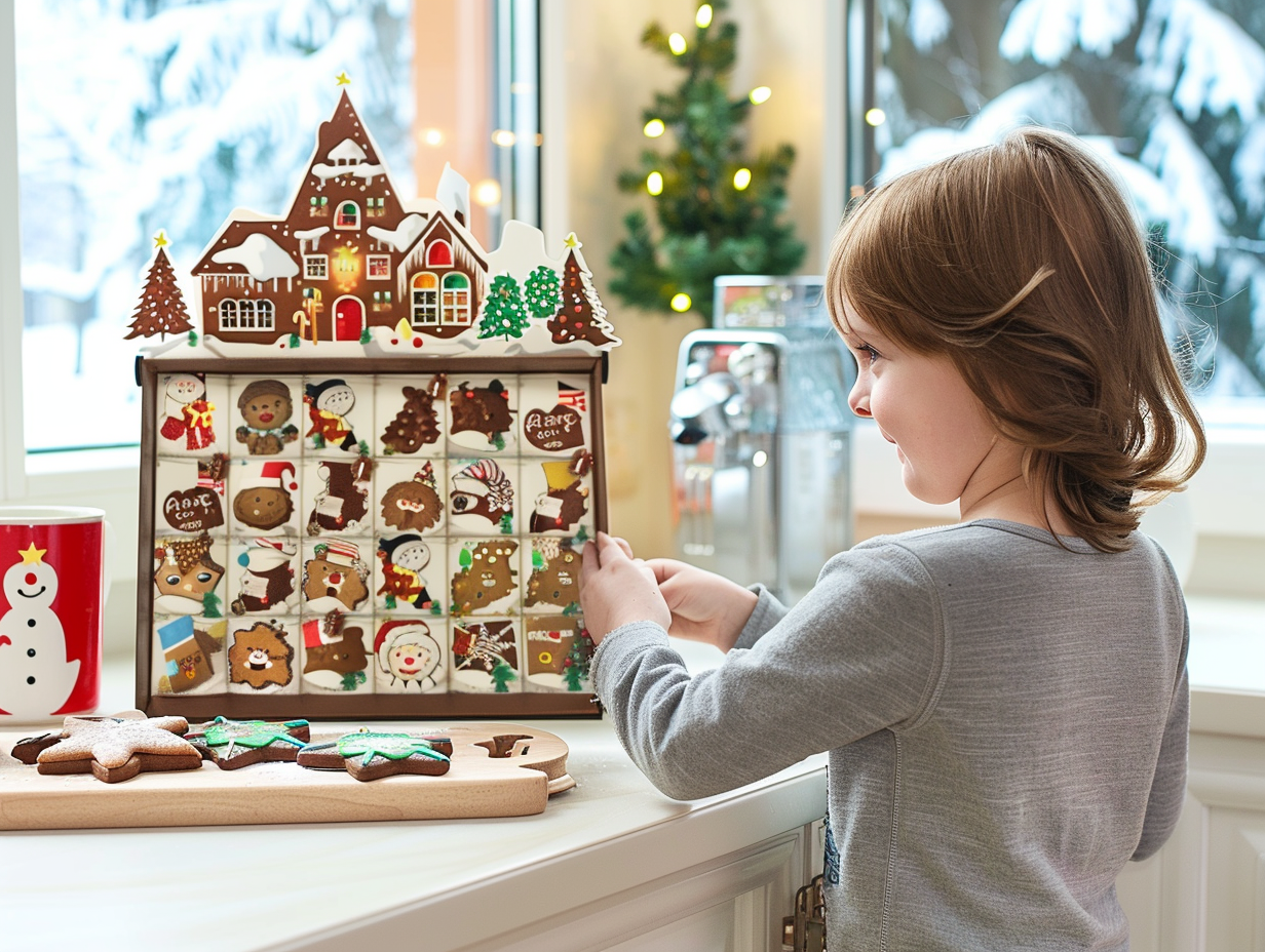 Child Revealing Chocolate Star from Advent Calendar