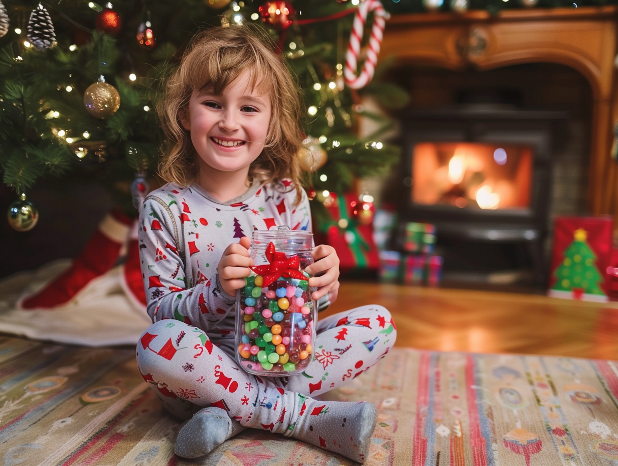 Child Unwrapping Christmas Gift by Cozy Fireplace