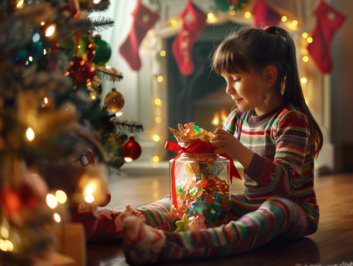 Child Unwraps Candy Jar by Decorated Christmas Tree