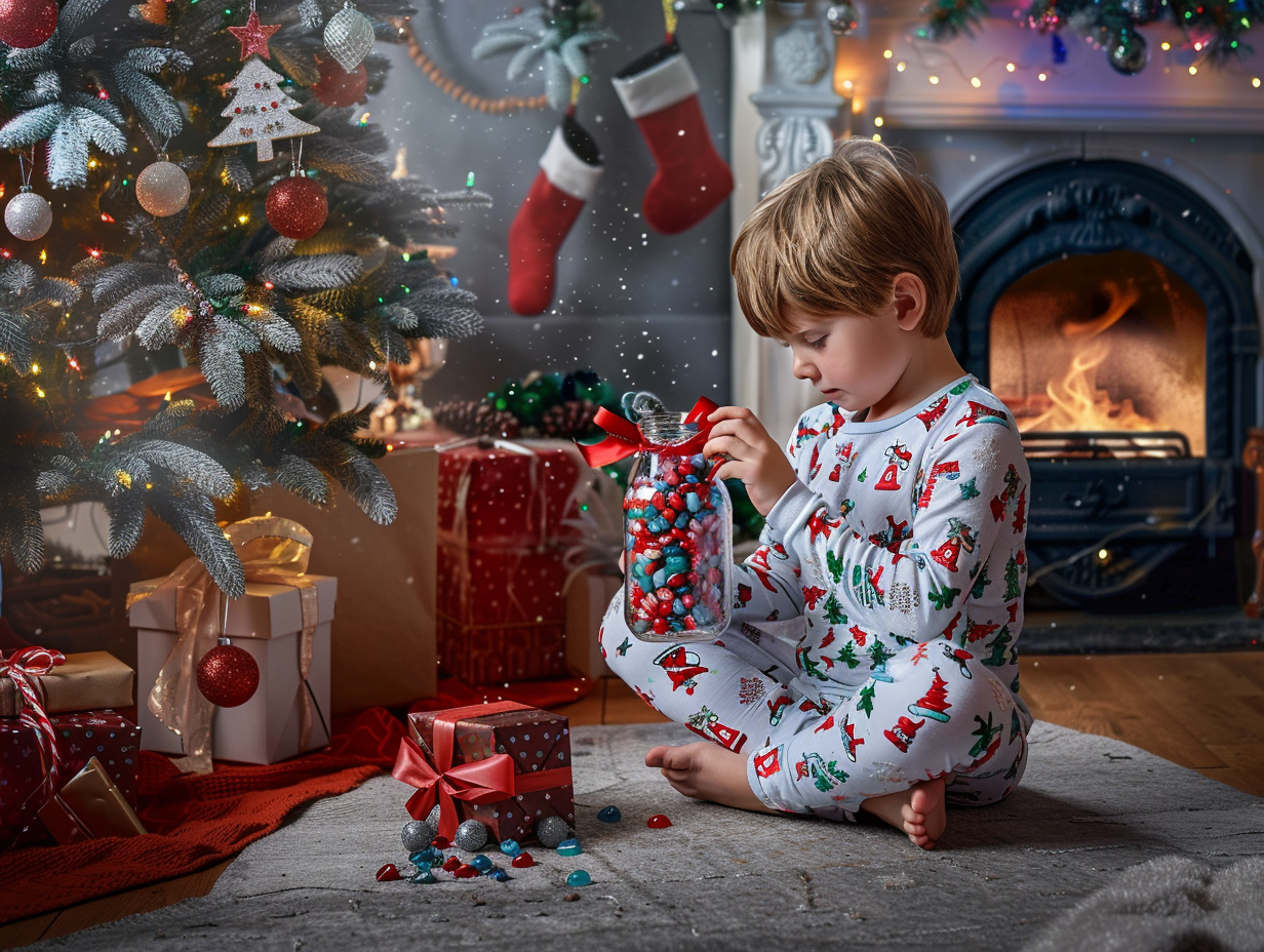 Child Unwraps Christmas Gift Beside Polish Decorated Tree