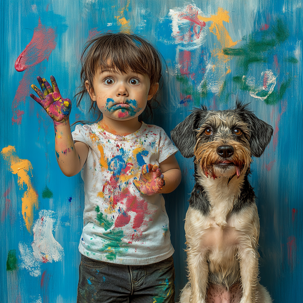 Child and dog covered in finger paint art