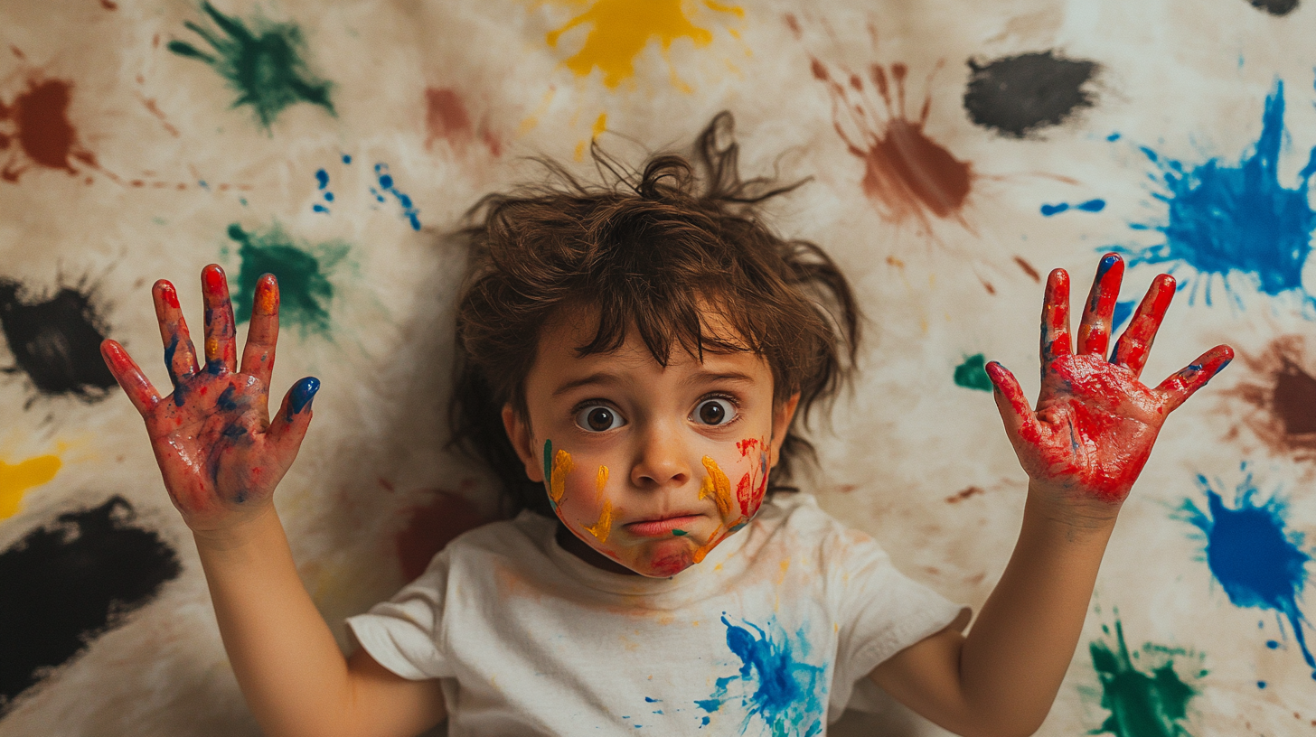 Child and dog making a mess with paint