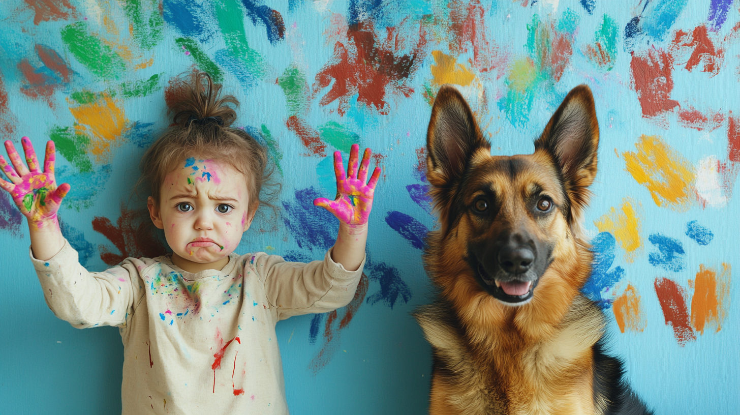 Child and dog paint wall with drawings