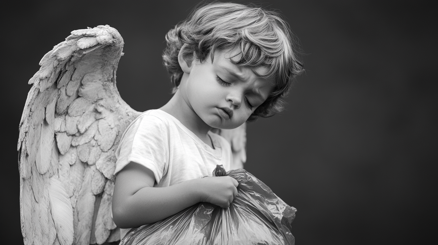 Child angel on gray background with garbage bag.