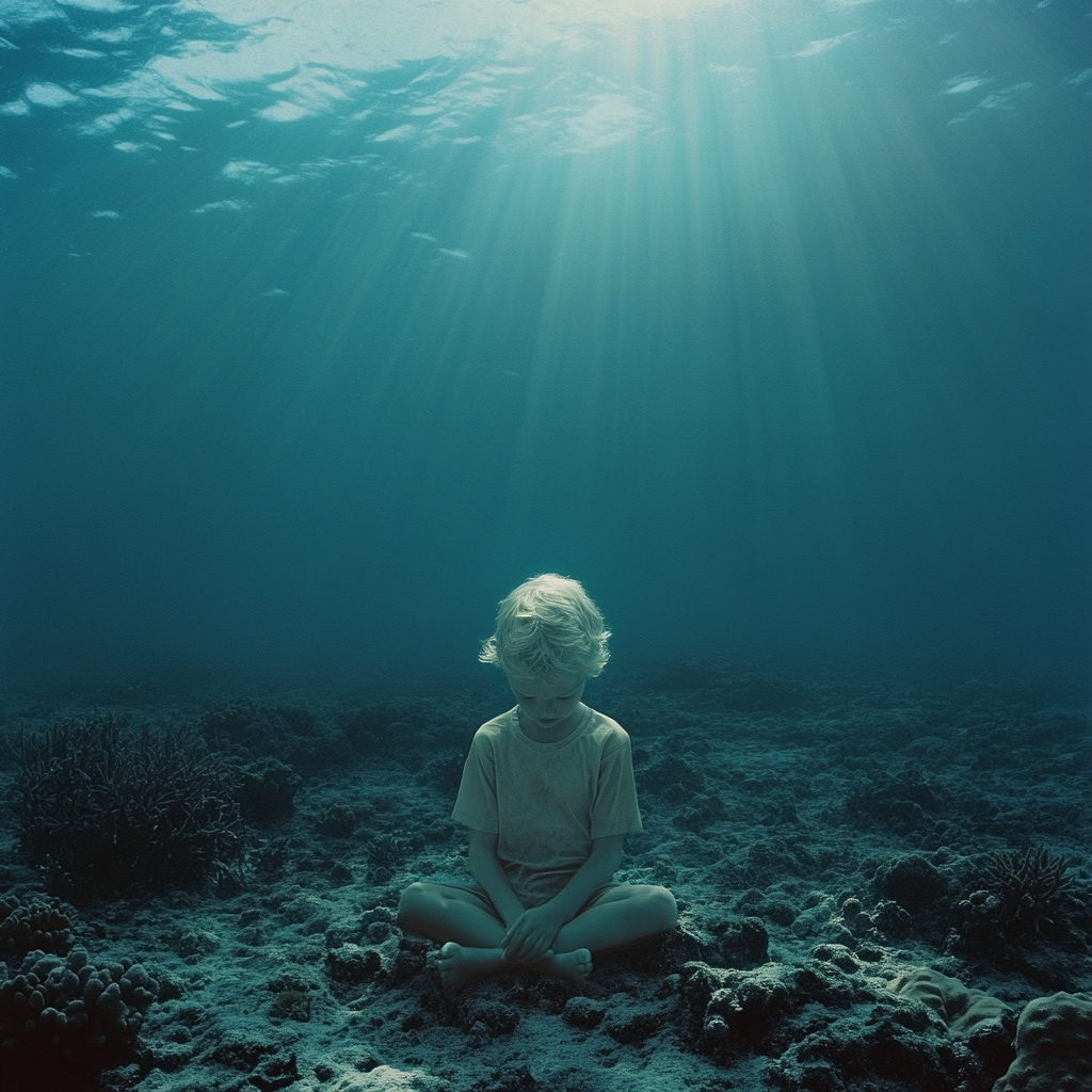 Child at bottom of ocean, coral reefs, soft lighting.