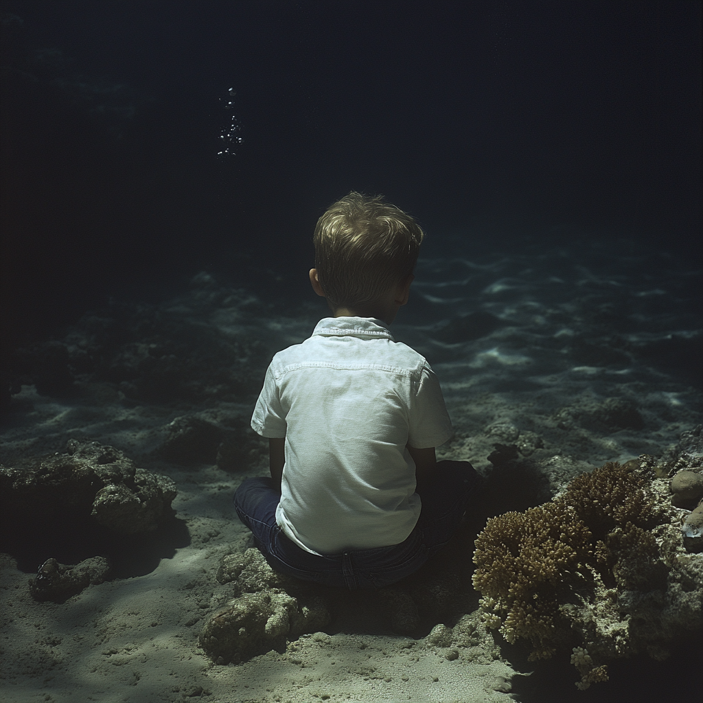 Child at ocean bottom beholding coral reefs, soft melancholy.