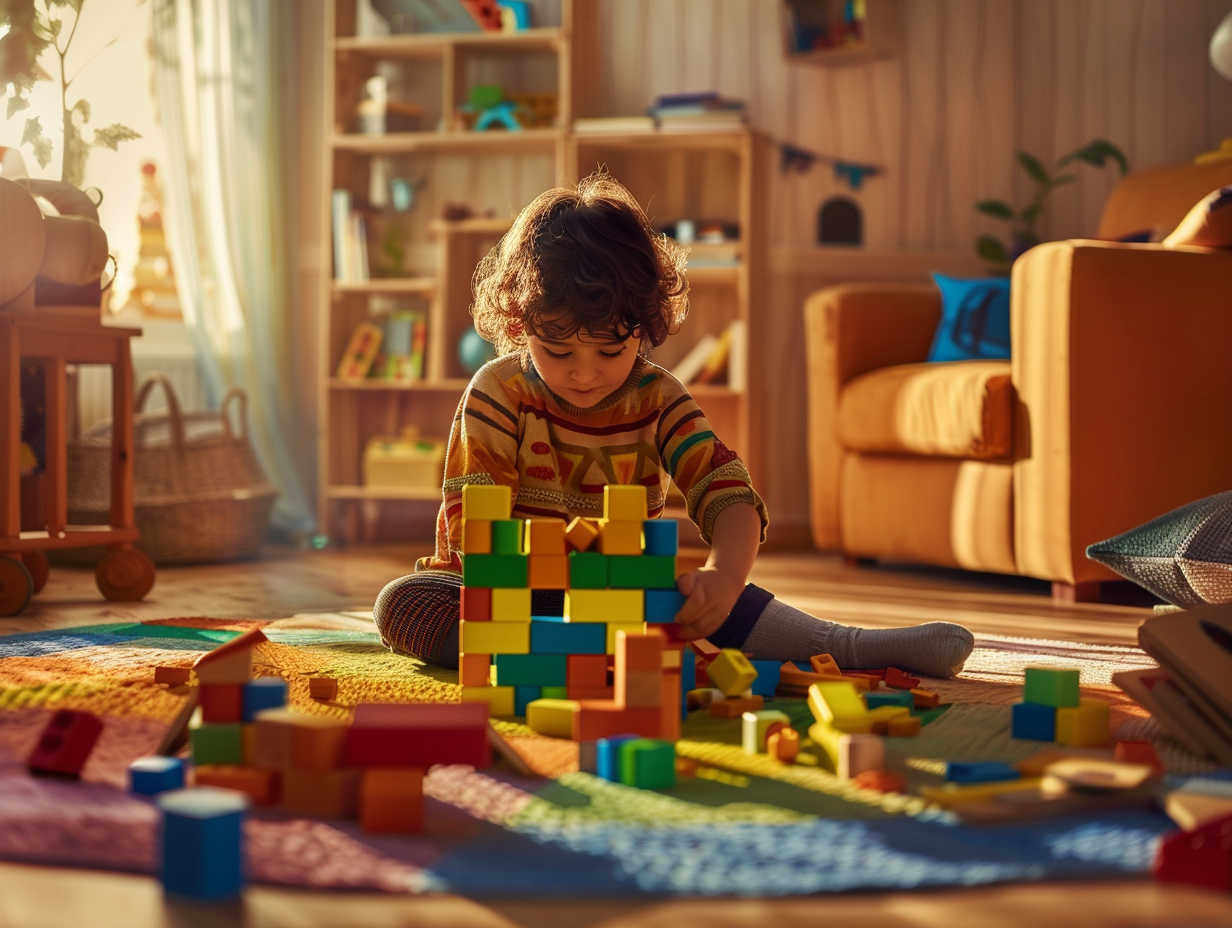 Child building with wooden blocks in cozy room