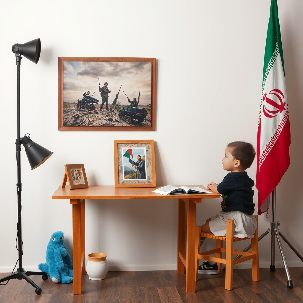 Child by table with martyr picture and flags.