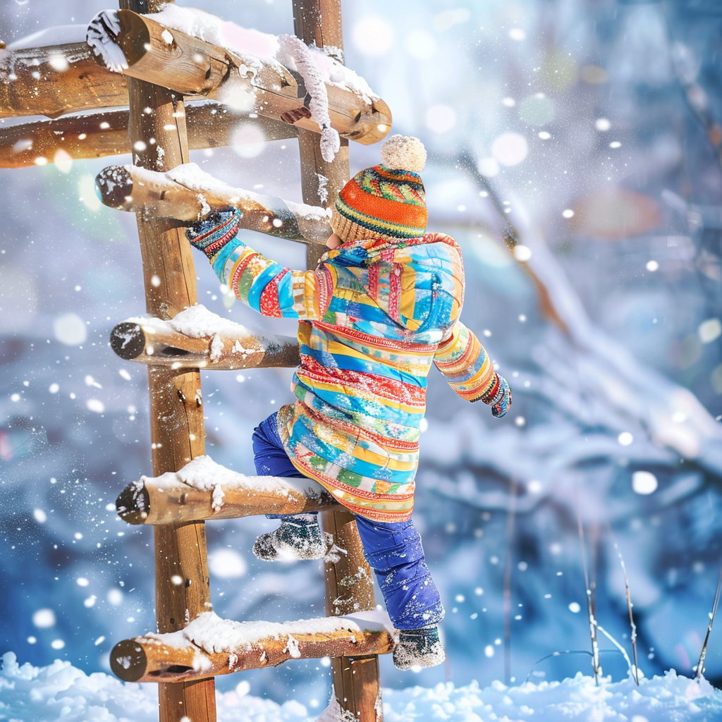 Child climbs snowy playground in bright winter clothes.