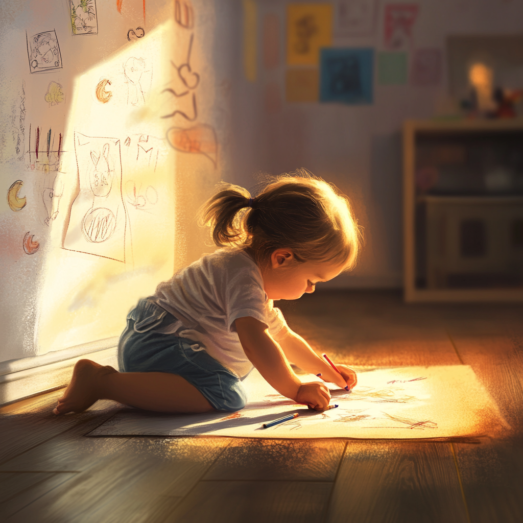 Child drawing with crayons in cozy indoor room.