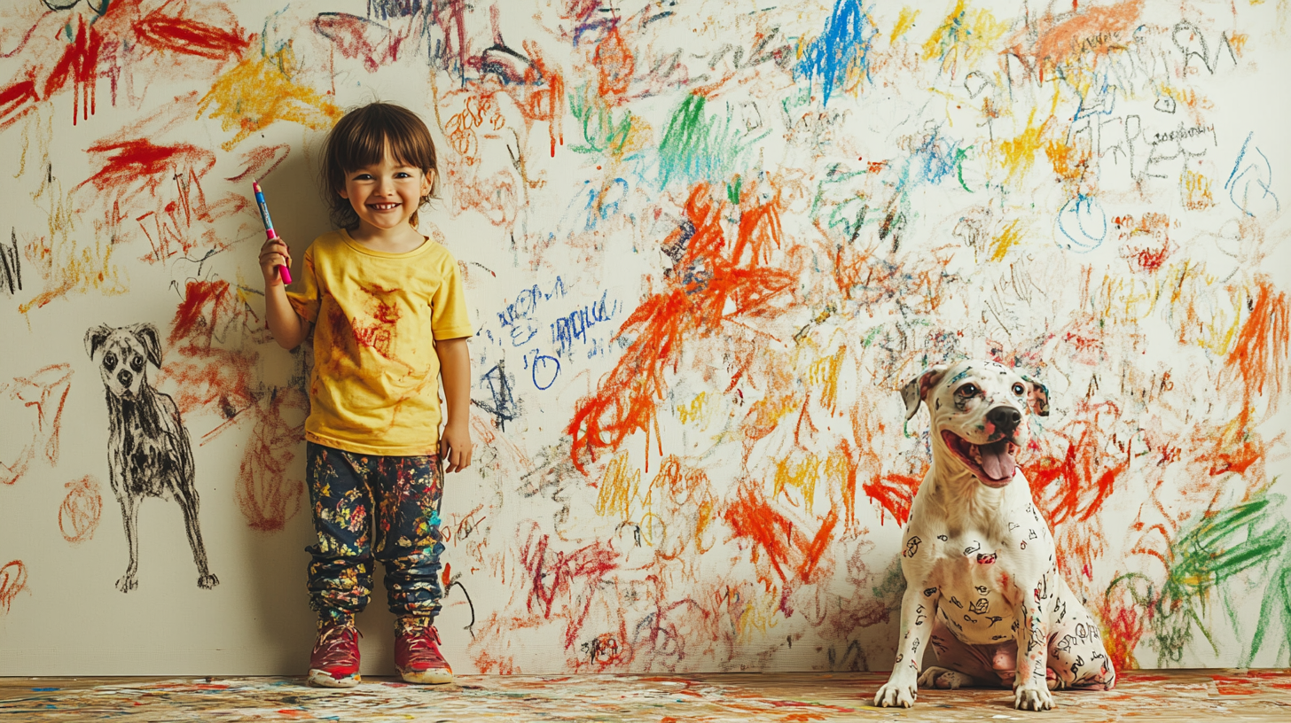 Child draws on wall with dog, caught on camera