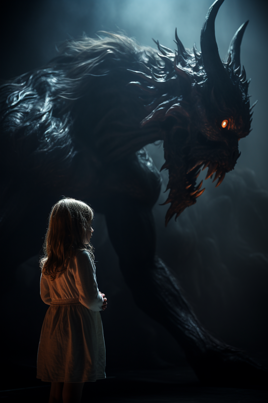 Child facing scary demon in photorealistic, surrealistic image.