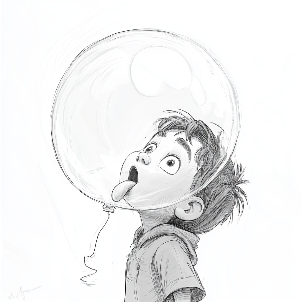 Child floats in giant bubble gum balloon sketch