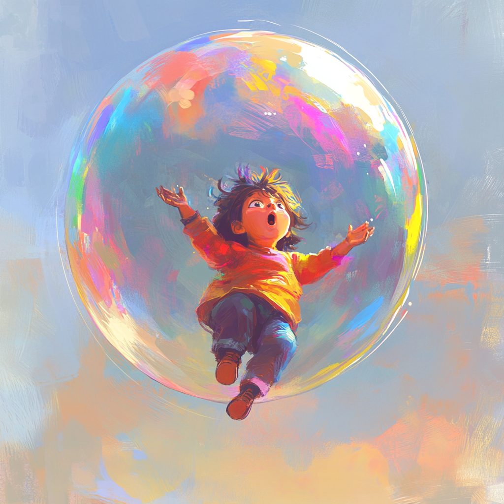 Child floats on giant colorful gum bubble