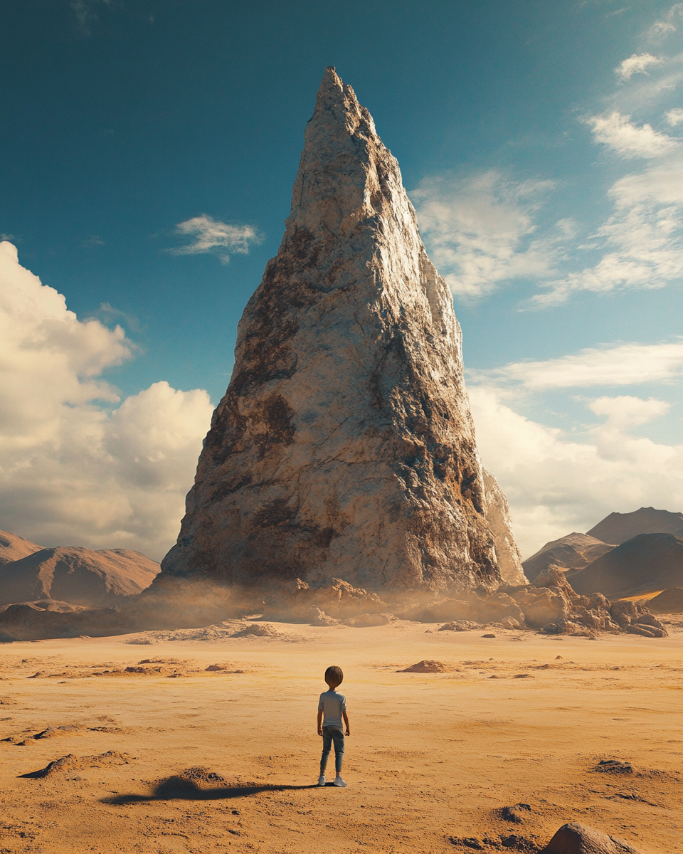 Child gazing at desert mountain through Sony camera lens.