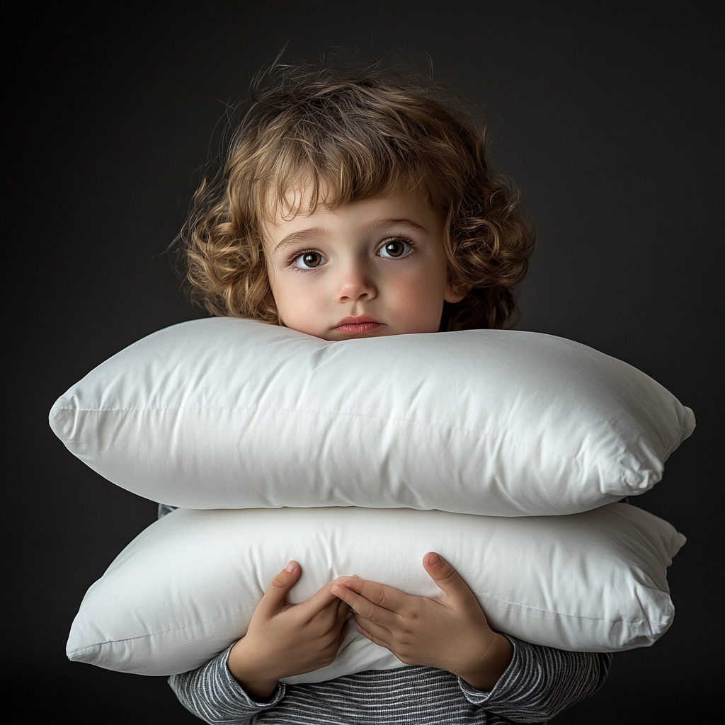 Child holding white pillows, studio portrait with warm tones.