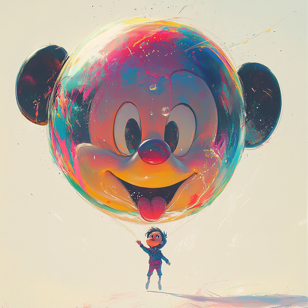 Child in Disney style floats on colorful bubble