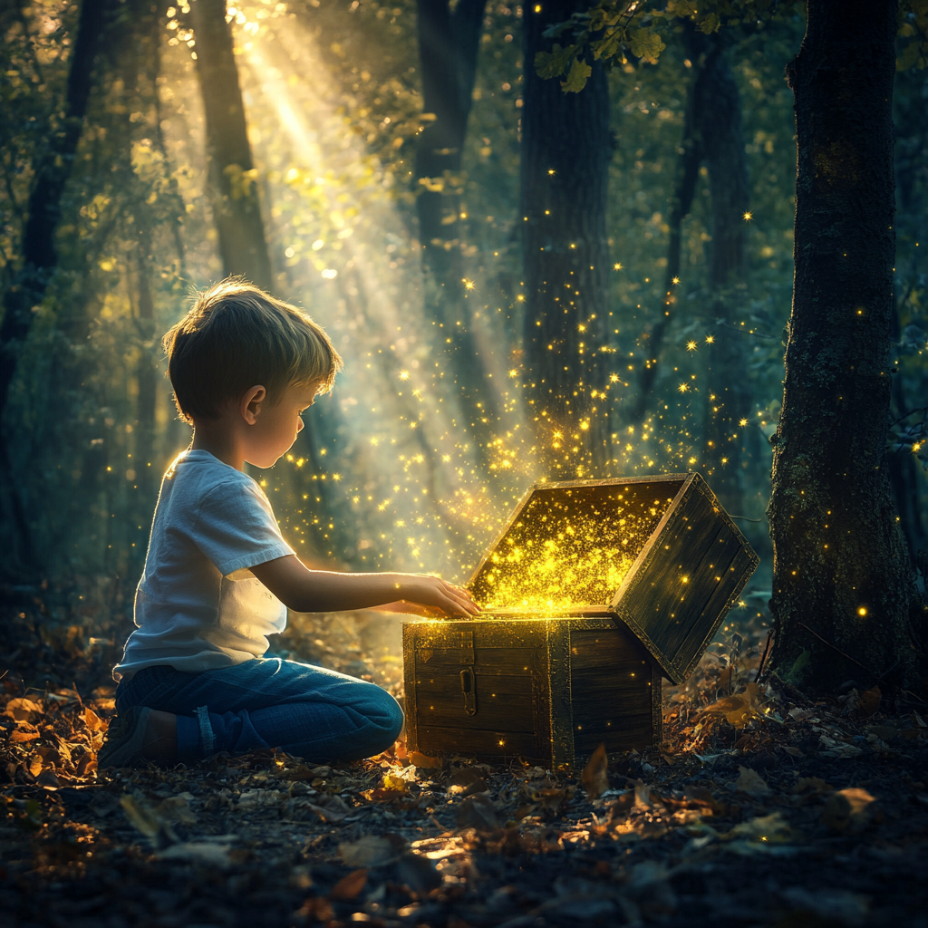 Child in Enchanted Forest Opening Glowing Chest