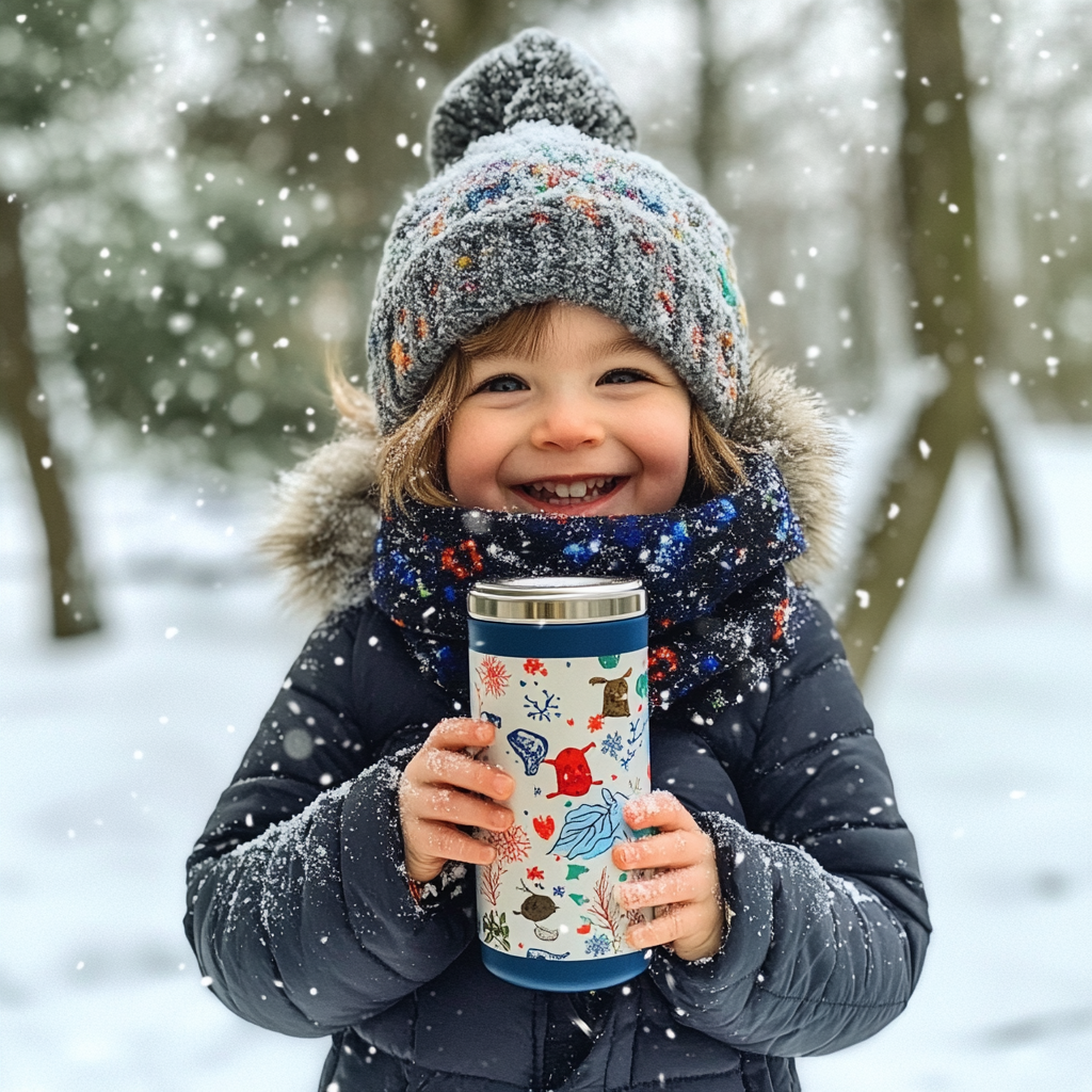 Child in Winter Wonderland park with festive thermos.