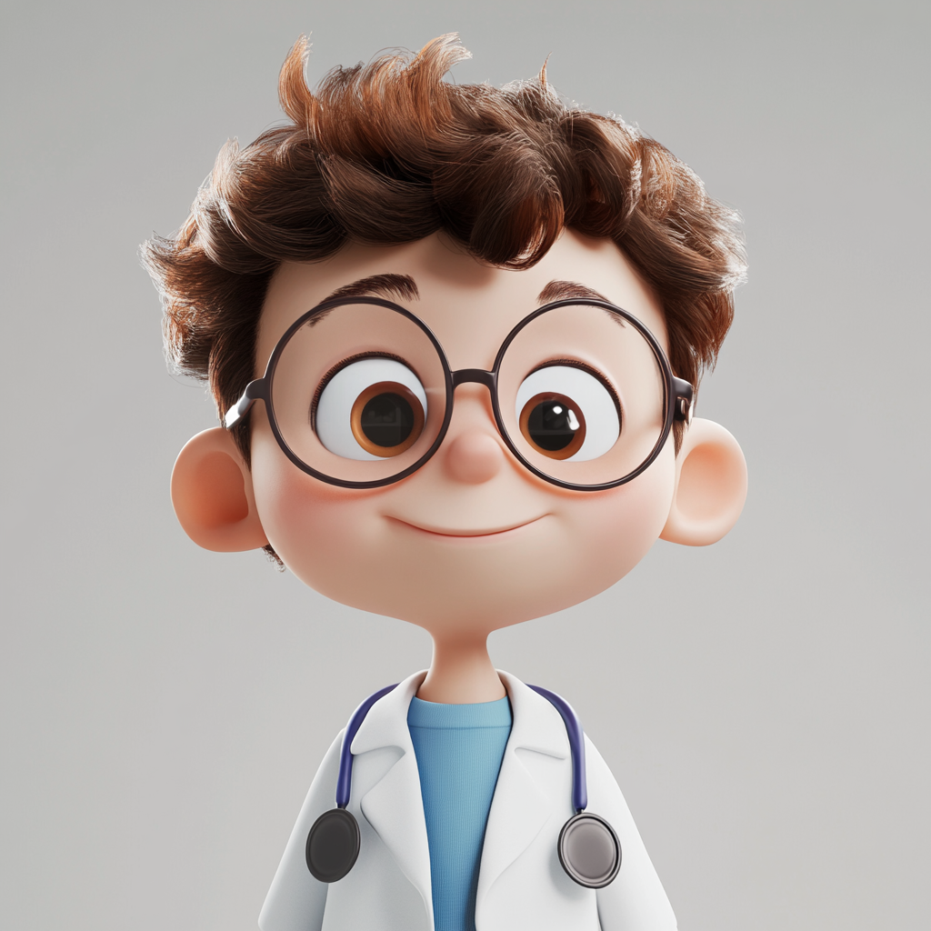 Child in doctor's gown, glasses, cheerful expression, healthy.