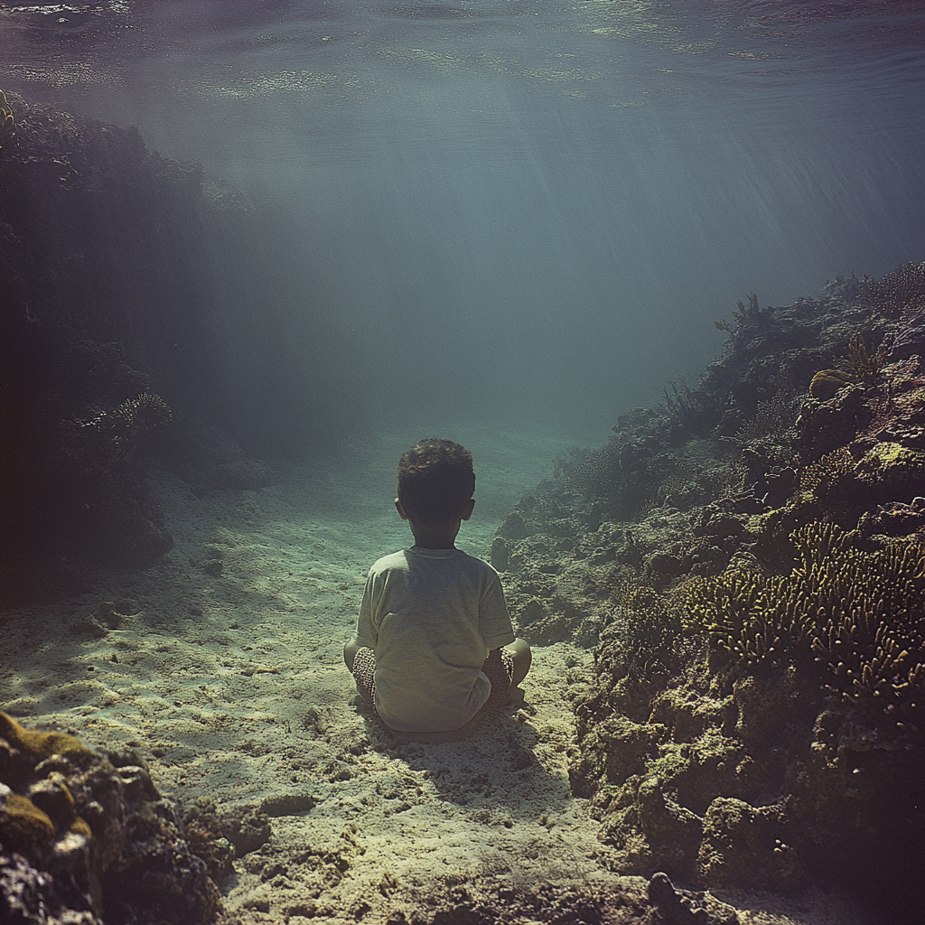 Child in ocean gazing down at coral reefs.