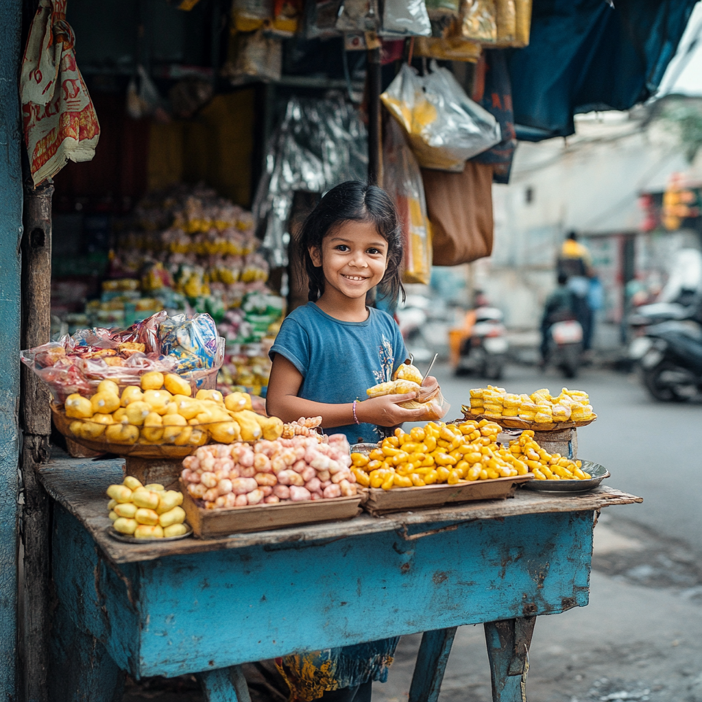 Child in yellow and blue outfit selling sweets happily.