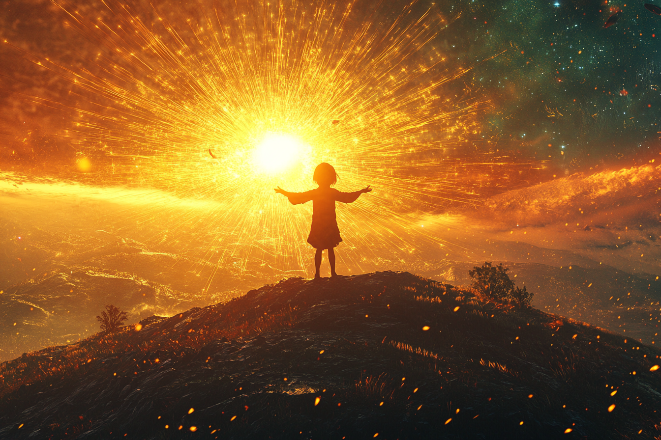 Child on hill shouting, glowing rays brighten Earth below.