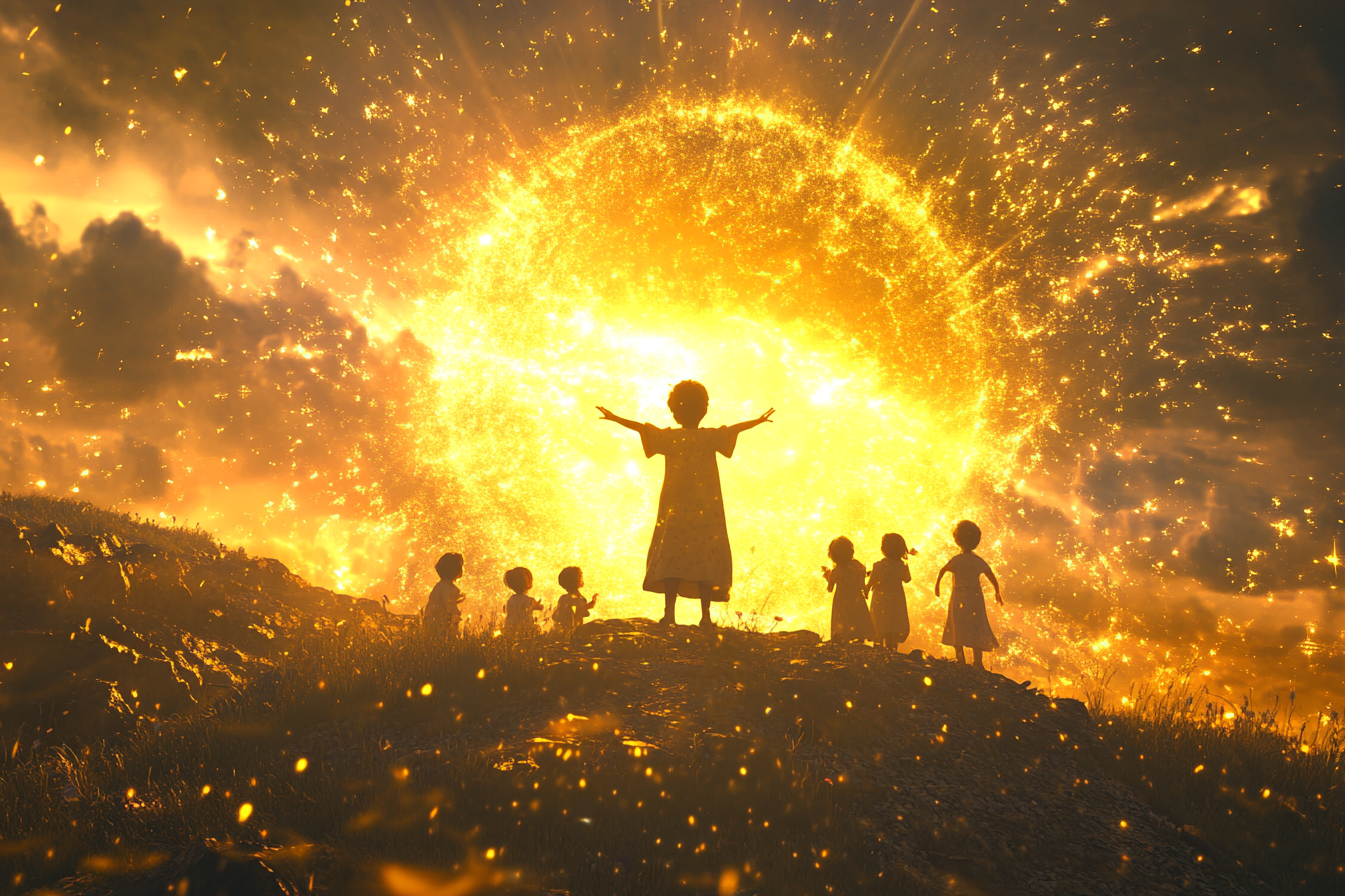 Child on hilltop shouting, glowing with golden rays, brightening Earth.