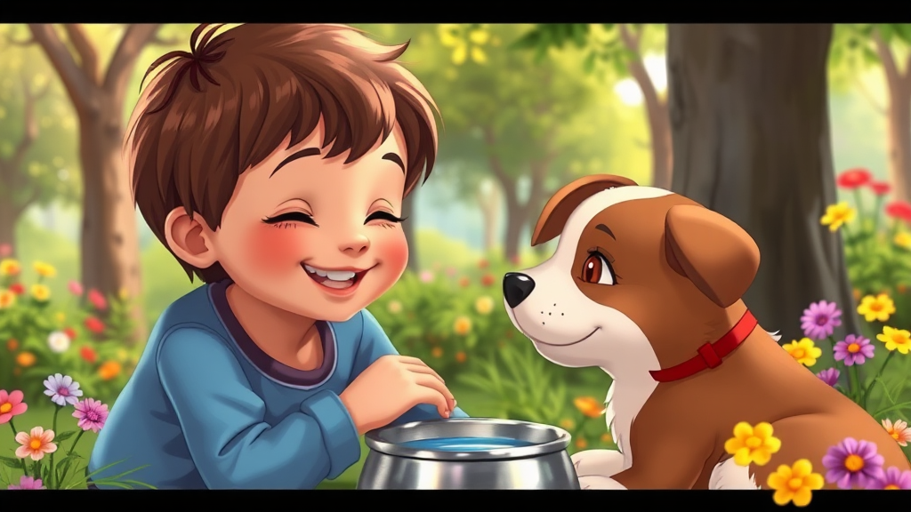 Child petting animal in colorful nature setting.