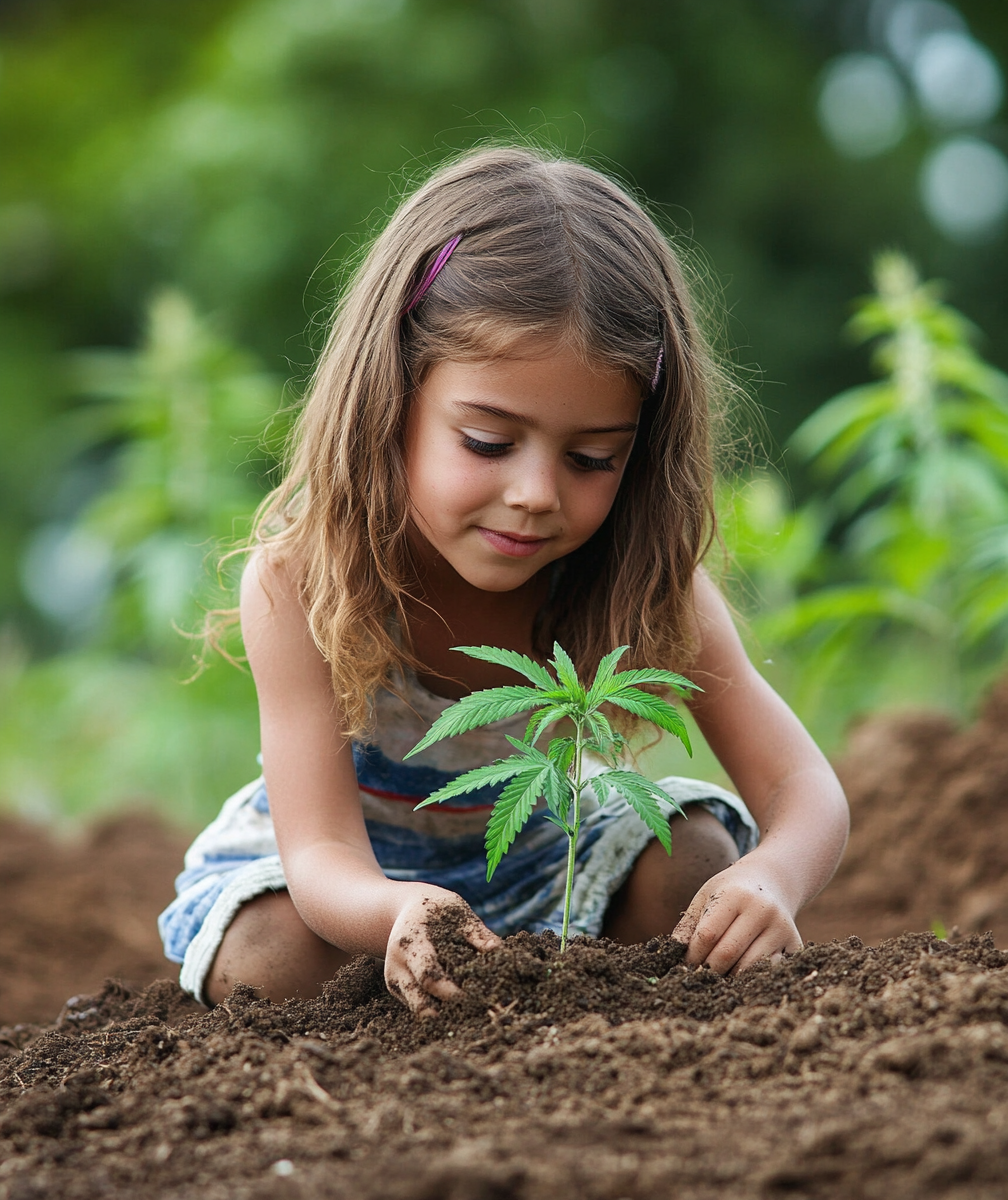 Child planting hemp seedling in vibrant, lush community garden.