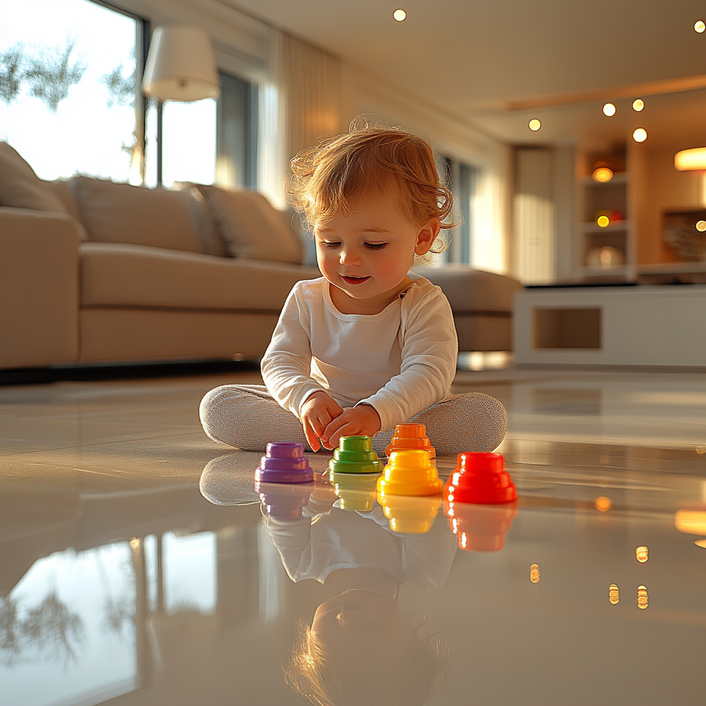 Child playing with toys in modern living room