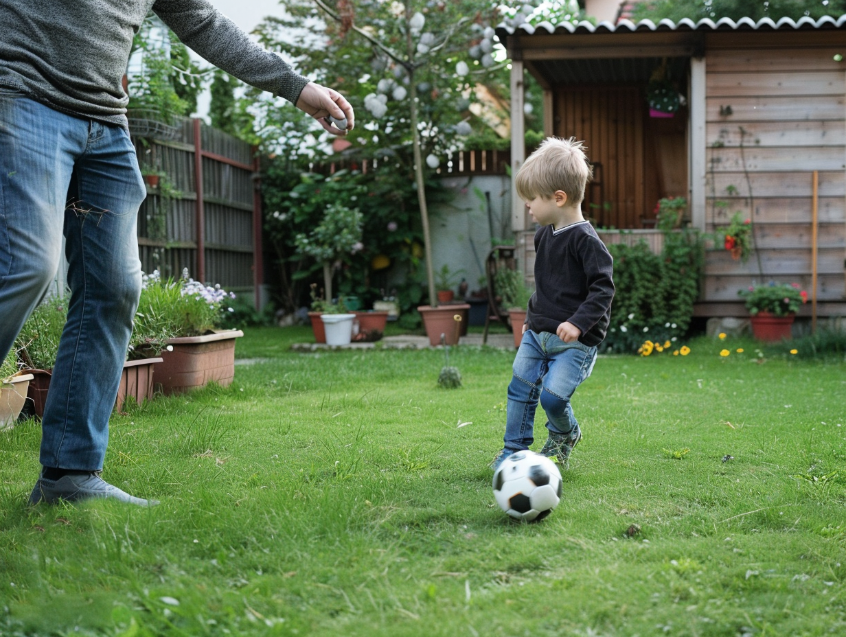 Child practicing football skills with parent in backyard