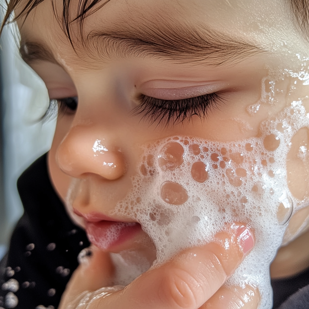 Child with mud mask applying product on cheek gently.