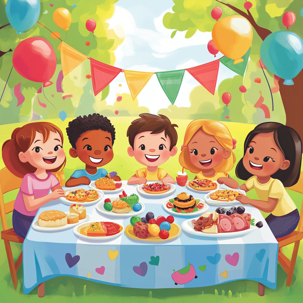 Children's Day Celebration: Happy Kids Eating Together Outdoors