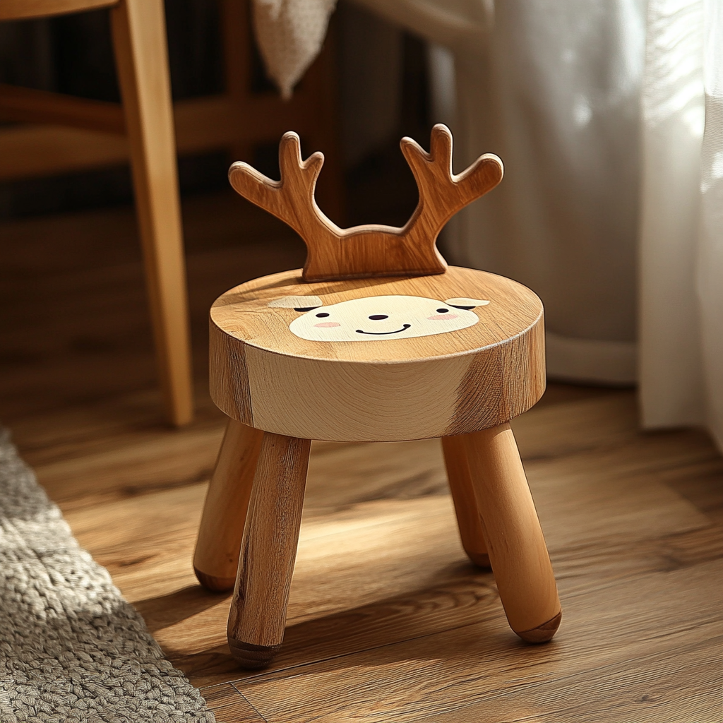 Children's Deer Style Backrest Stool in Solid Wood 